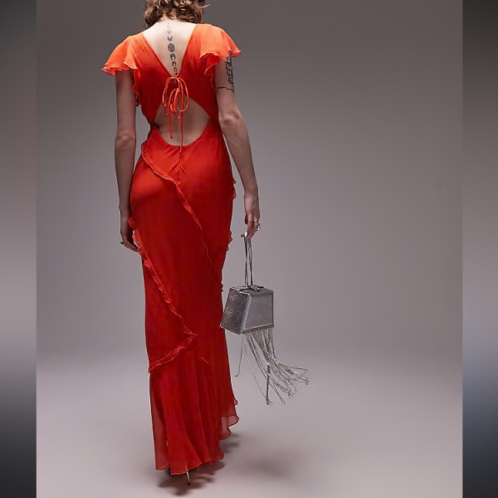 Topshop V Neck Frill Red Maxi Dress